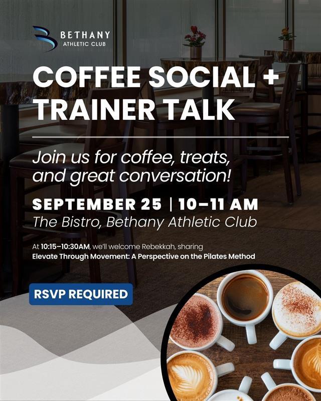 BAC coffee social + trainer talk flyer at Bethany Athletic Club in Portland Oregon