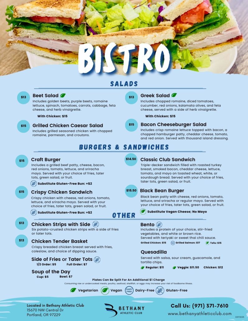 Lunch & Dinner Menu at Bethany Athletic Club in Portland Oregon